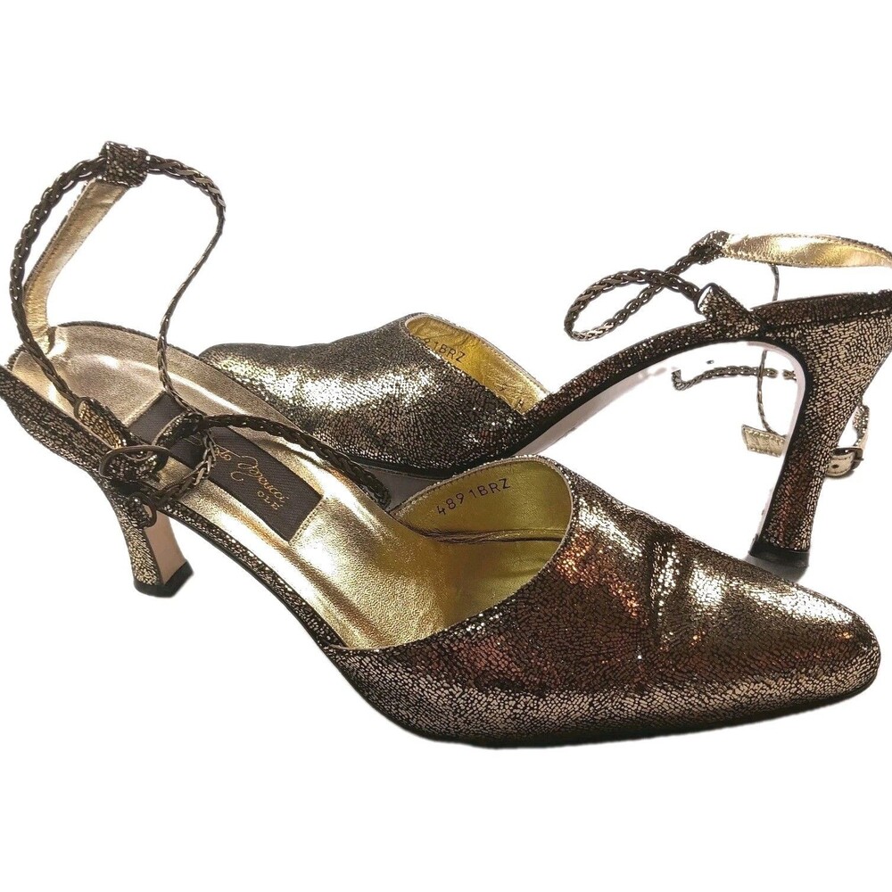 Vintage Sesto Meucci Gold Glitter 3.5" Olé Leather Sole Heels Chain Strap Sz 9 M